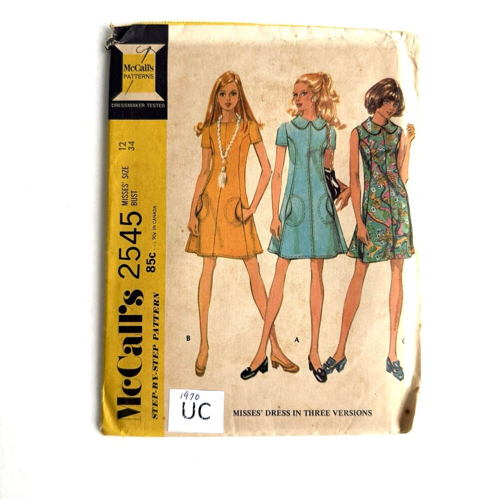 Vtg 70s McCalls 2545 Pattern ALine Dress Mod 3 Styles Size 12 BUST 34" UNCUT
